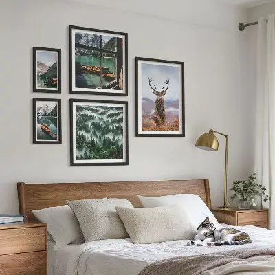 Set of 5 wall art pieces featuring nature, wild animals, and mountains
