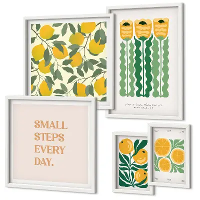 5-Piece wall art set with floral citrus and positive slogan designs