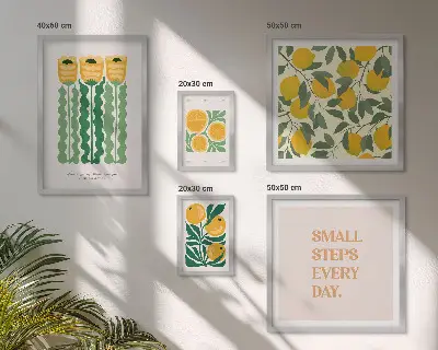 Set of 5 wall art pieces Flowers citrus positive slogans