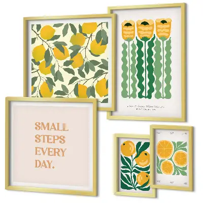 Set of 5 wall art pieces Flowers citrus positive slogans