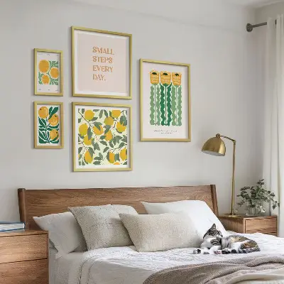 Set of 5 wall art pieces Flowers citrus positive slogans