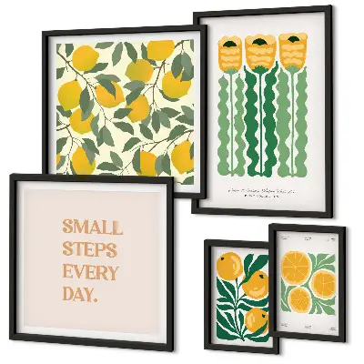 5-Piece wall art set with floral citrus and positive slogan designs