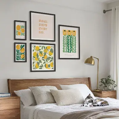 5-Piece wall art set with floral citrus and positive slogan designs