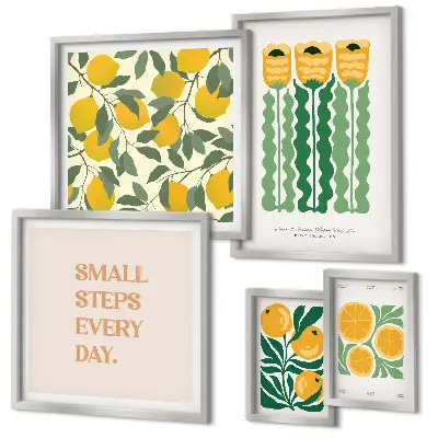 5-Piece wall art set with floral citrus and positive slogan designs