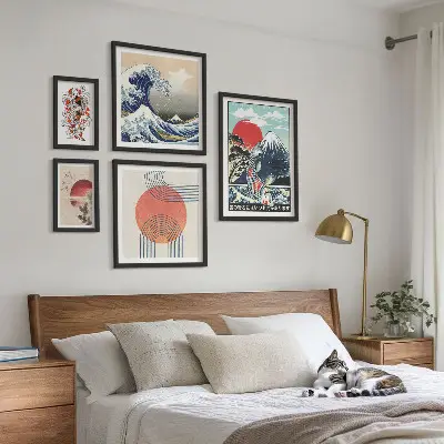 Gallery wall Japanese art motifs waves