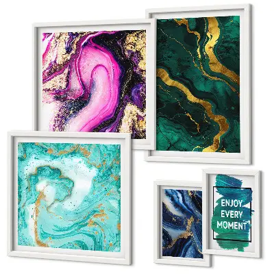 Set of 5 wall art pieces Abstract patterns with green and purple