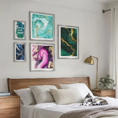 Set of 5 wall art pieces Abstract patterns with green and purple