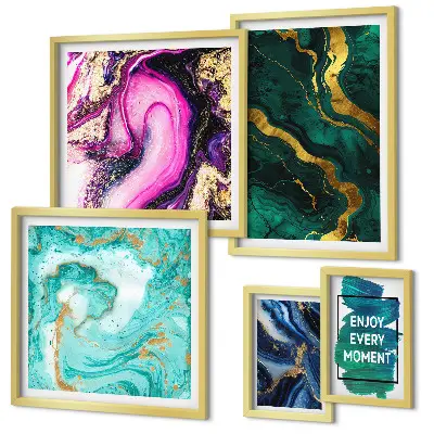 Set of 5 wall art pieces Abstract patterns with green and purple