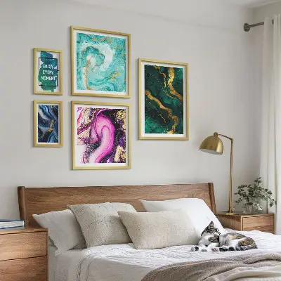 Set of 5 wall art pieces Abstract patterns with green and purple