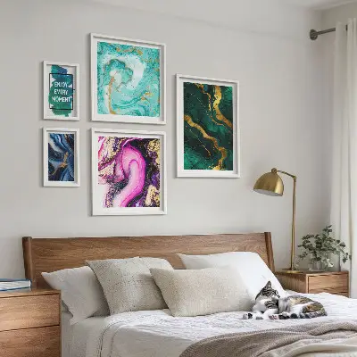 Set of 5 wall art pieces Abstract patterns with green and purple