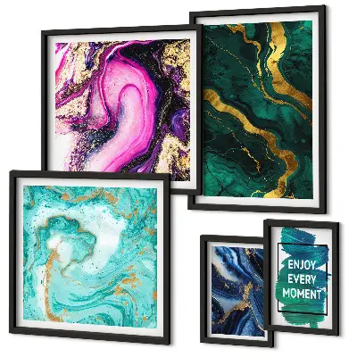 Set of 5 wall art pieces Abstract patterns with green and purple