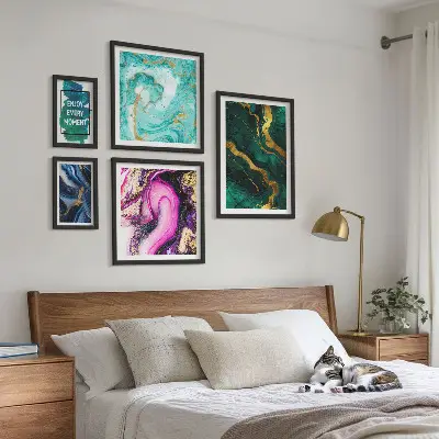 Set of 5 wall art pieces Abstract patterns with green and purple