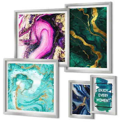 Set of 5 wall art pieces Abstract patterns with green and purple