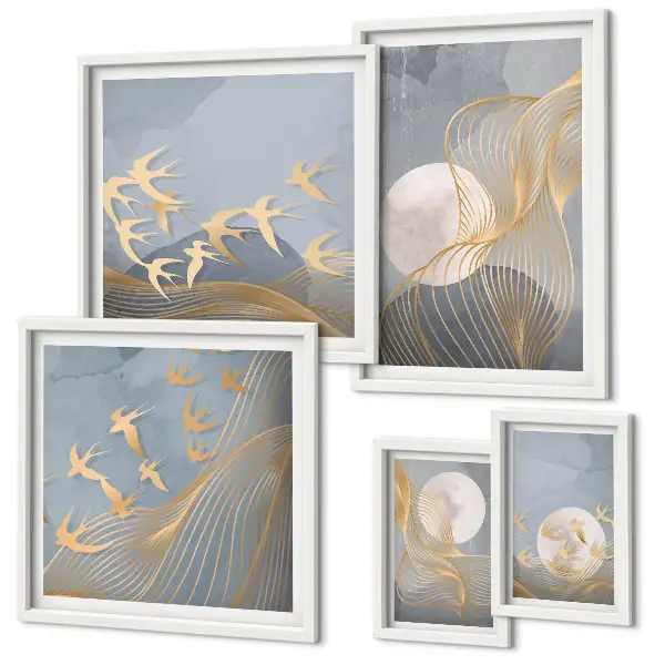 Set of 5 wall art pieces Abstract waves and birds