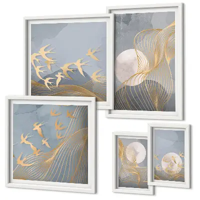 Set of 5 wall art pieces Abstract waves and birds