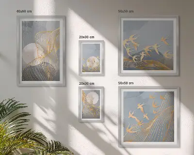 Set of 5 wall art pieces Abstract waves and birds