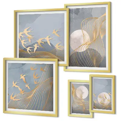 Set of 5 wall art pieces Abstract waves and birds