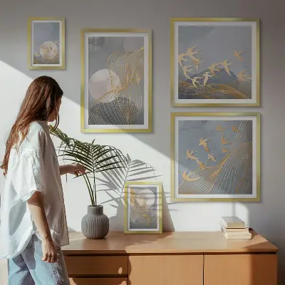 Set of 5 wall art pieces Abstract waves and birds