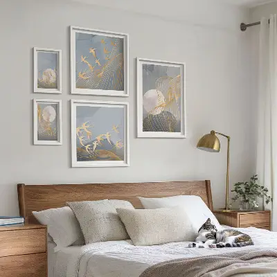 Set of 5 wall art pieces Abstract waves and birds