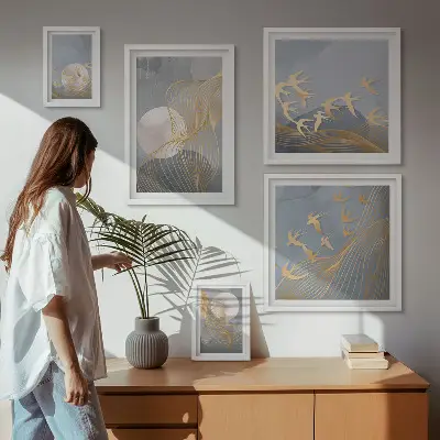 Set of 5 wall art pieces Abstract waves and birds