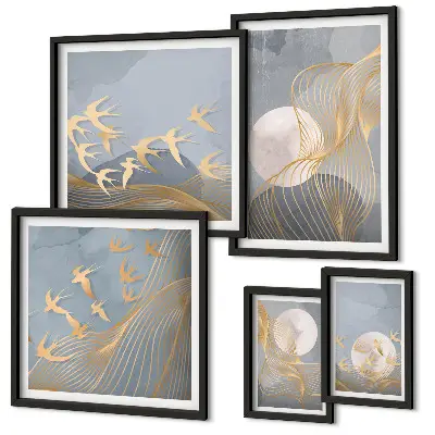 Set of 5 wall art pieces Abstract waves and birds