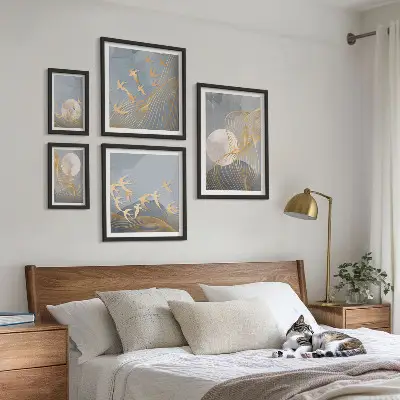 Set of 5 wall art pieces Abstract waves and birds