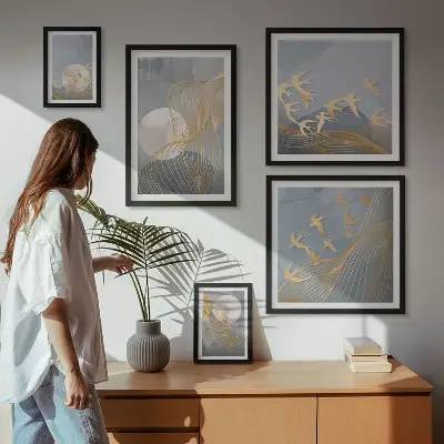 Set of 5 wall art pieces Abstract waves and birds