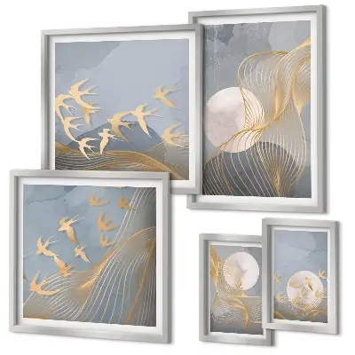 Set of 5 wall art pieces Abstract waves and birds