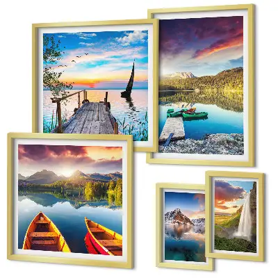 Gallery wall landscapes with waterfalls and lakes