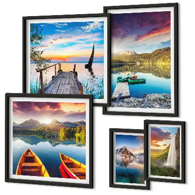 Gallery wall landscapes with waterfalls and lakes