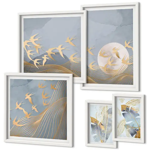 Framed photo set Stylish birds leaves gray