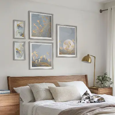 Framed photo set stylish birds and leaves in gray