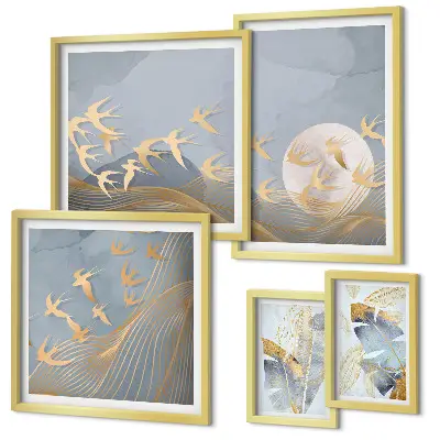 Framed photo set Stylish birds leaves gray