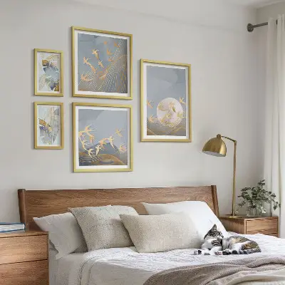Framed photo set Stylish birds leaves gray