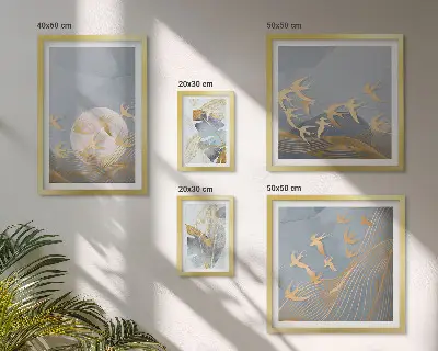 Framed photo set stylish birds and leaves in gray