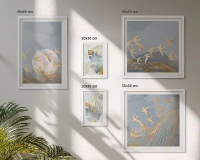 Framed photo set stylish birds and leaves in gray