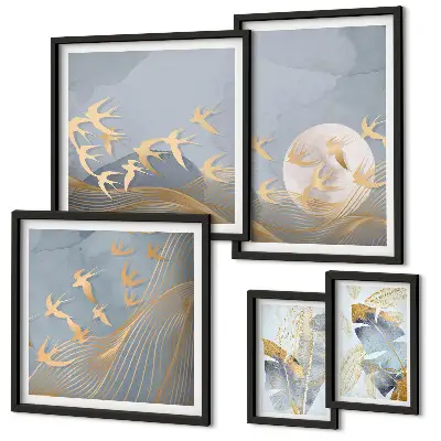 Framed photo set stylish birds and leaves in gray
