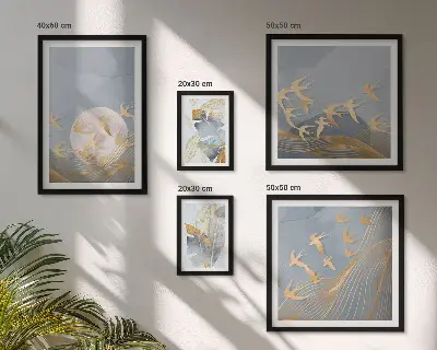 Framed photo set stylish birds and leaves in gray