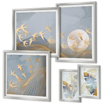 Framed photo set Stylish birds leaves gray