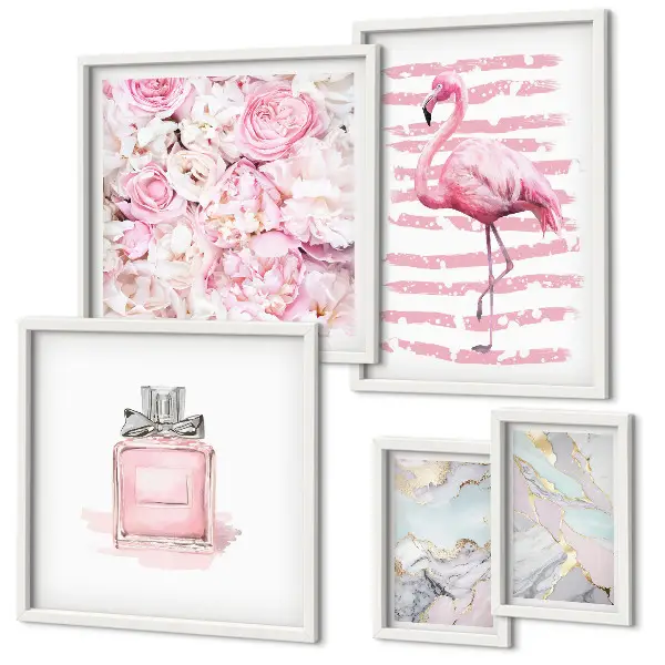 Gallery wall Stylish pink accents with flamingo flowers