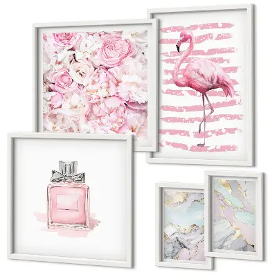 Gallery wall Stylish pink accents with flamingo flowers