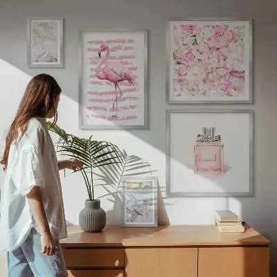 Gallery wall with stylish pink accents and flamingo flowers