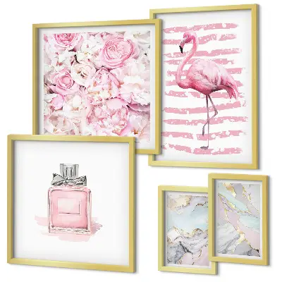 Gallery wall Stylish pink accents with flamingo flowers