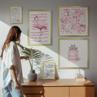 Gallery wall Stylish pink accents with flamingo flowers