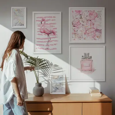 Gallery wall Stylish pink accents with flamingo flowers