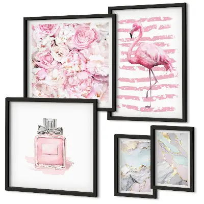 Gallery wall Stylish pink accents with flamingo flowers