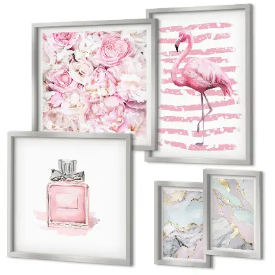 Gallery wall Stylish pink accents with flamingo flowers