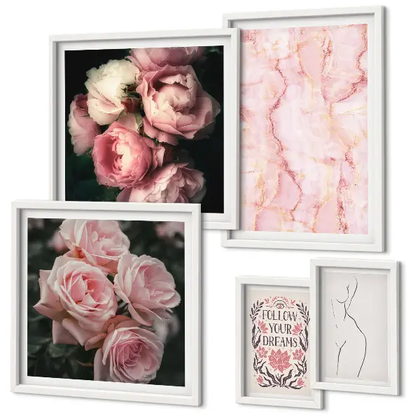 Pink flowers boho style wall art set of 5 pieces