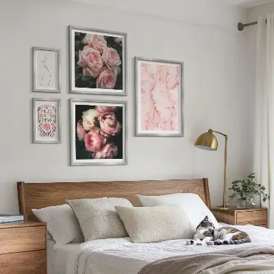 Set of 5 wall art pieces Pink flowers boho style