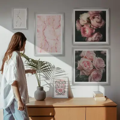 Set of 5 wall art pieces Pink flowers boho style